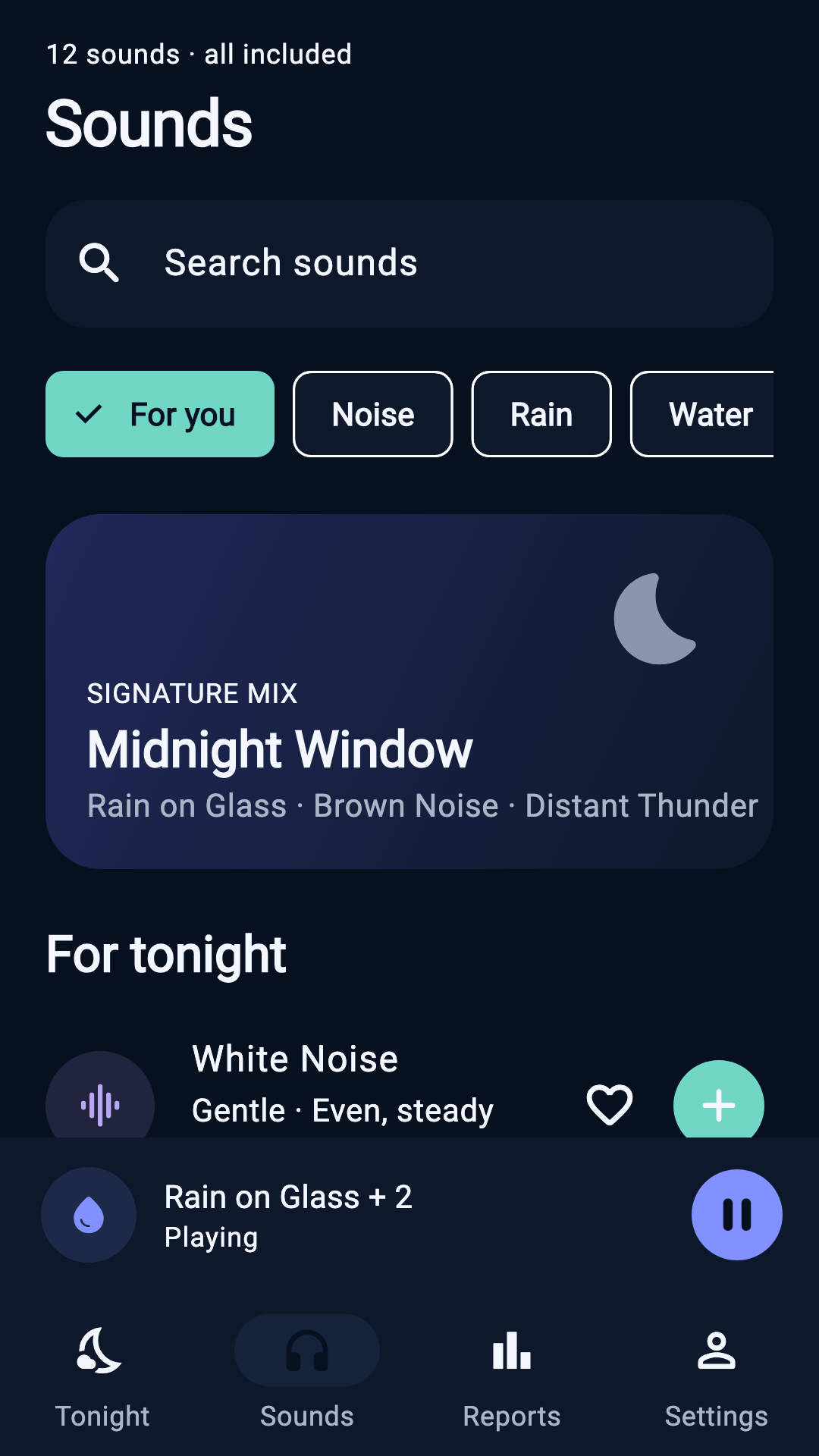 LunaSleep Sound Library showing rain, nature and noise sounds